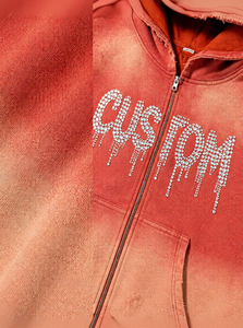 Distressed Zip up Hoodie High Street Vintage Fashion Cotton Custom Screen Printing Oversize Acid Wash Hoodie Rhinestones Logo - Product Image 3