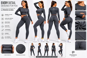 Primora Global Women Seamless <b>Crop</b> <b>Top</b> High Waist Leggings Set Gray Spandex Nylon Breathable 4-Way Stretch Fitness Activewear - Product Image 2