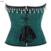 Armée vert femmes Floral Jacquard à lacets Korset côté Y2K fermeture éclair réglable dentelle Bandage Bustier Push up Corset avec perle gland