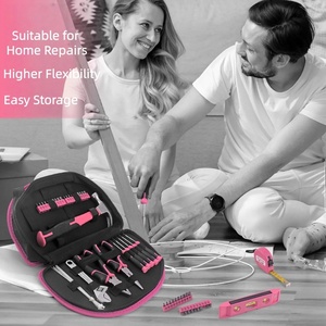 Powerlift TS061 OEM <b>Pink</b> Carbon Steel Hand Portable Cloth Bag 63-Piece DIY Household Repair Gift <b>Tool</b> <b>Set</b> with Adjustable Wrench - Product Image 2