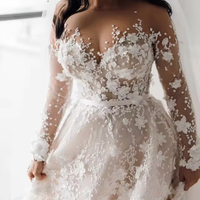 AL1763 Robe de bal de mariée motif de broderie appliques grande taille élégante fleurs royales dentelle blanche robes de mariée à manches longues