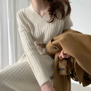 Temperament V-neck knitted dress loose mid-length over the knee with sweater dress