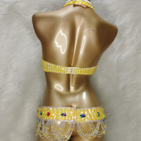 Costume de danse du ventre perlé pour femmes bleues luxueuses ornées de strass arc-en-ciel adaptés à la performance sur scène et au bikini