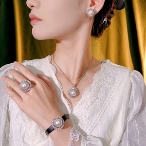 Fashion Eco-friendly Copper 16-12mm White Shell Pearl Leather Bracelet Pendant <b>Earrings</b> Ring Jewelry Set for Women - Product Image 6