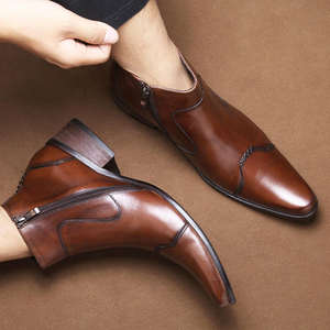 Bottes pour hommes à bout pointu noires, semelle épaisse, antidérapantes, résistantes à l'usure, en cuir véritable, fermeture éclair de haute qualité, chaussures d'hiver - Product Image 3