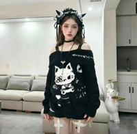 Gothic Y2K Off-Shoulder Flauschiger Pullover mit süßem Katzenmotiv, weicher Strickpullover, Alt-Ästhetik, warmer Winterpullover für Damen