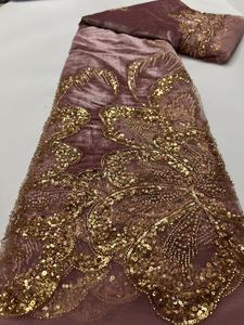 Tela de terciopelo marrón K/C con encaje bordado, <span class=keywords><strong>lentejuelas</strong></span> doradas, cuentas y pedrería, tela pesada para vestido de novia Aso Ebi Abaya, 8 colores en stock - Product Image 6