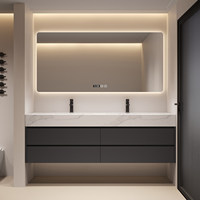Mueble de Baño Moderno Ecológico de Pared con Doble Lavabo de Cerámica, Espejo Inteligente, Tamaño Personalizable, para Hotel o Apartamento