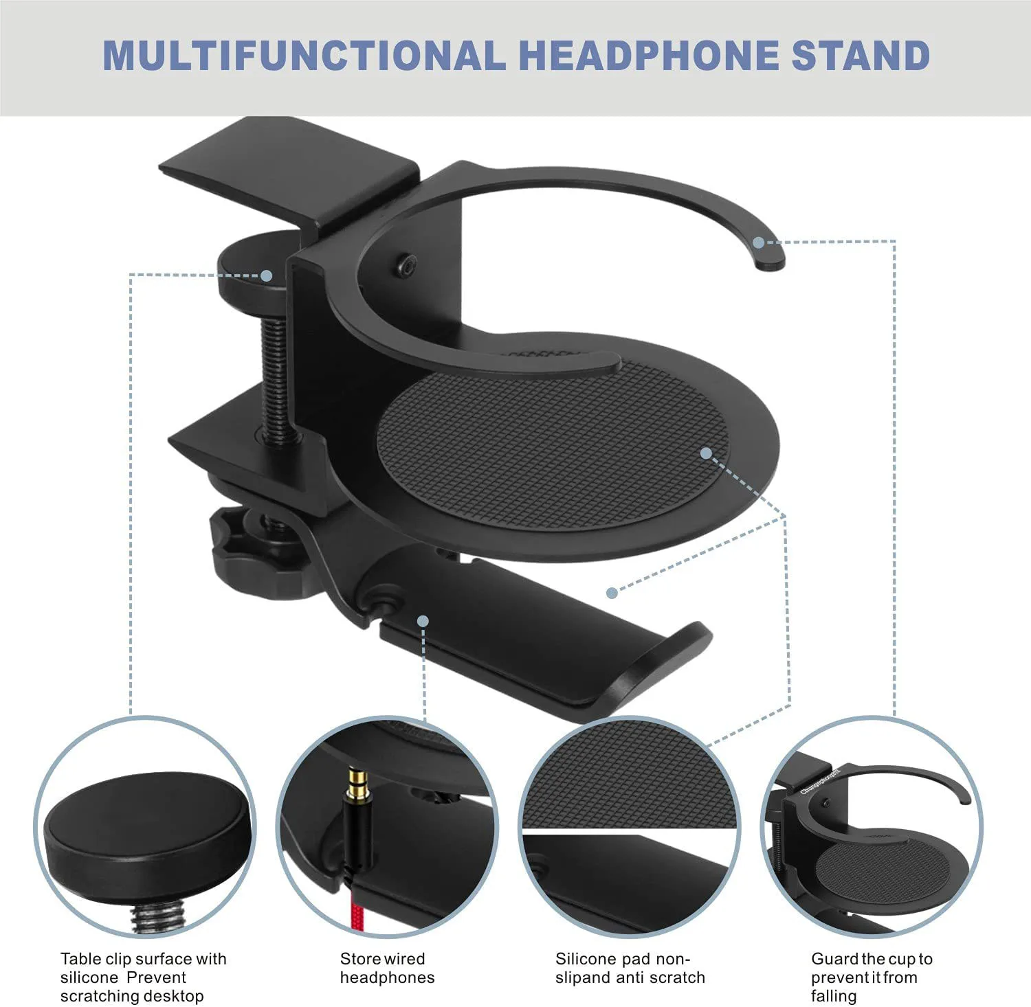 Headphones Stand with Adjustable Rotating Arm Clamp Headphone Holder Headset Hook Hanger Mount,Cup Holders