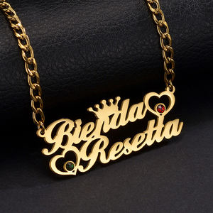 สร้อยคอชื่อสั่งทำพิเศษ รูปหัวใจโปร่งประดับมงกุฎเพชรซิคอน ตัวอักษรจี้ชุบทองบนสแตนเลส สำหรับผู้หญิงและผู้ชาย UIONEN 2165 - Product Image 2