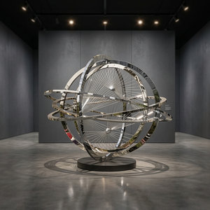 Esfera Armilar Plateada en Plata, Escultura de Globo Terráqueo Pulido, Decoración Náutica para el Hogar, Oficina o Vestíbulo - Product Image 3
