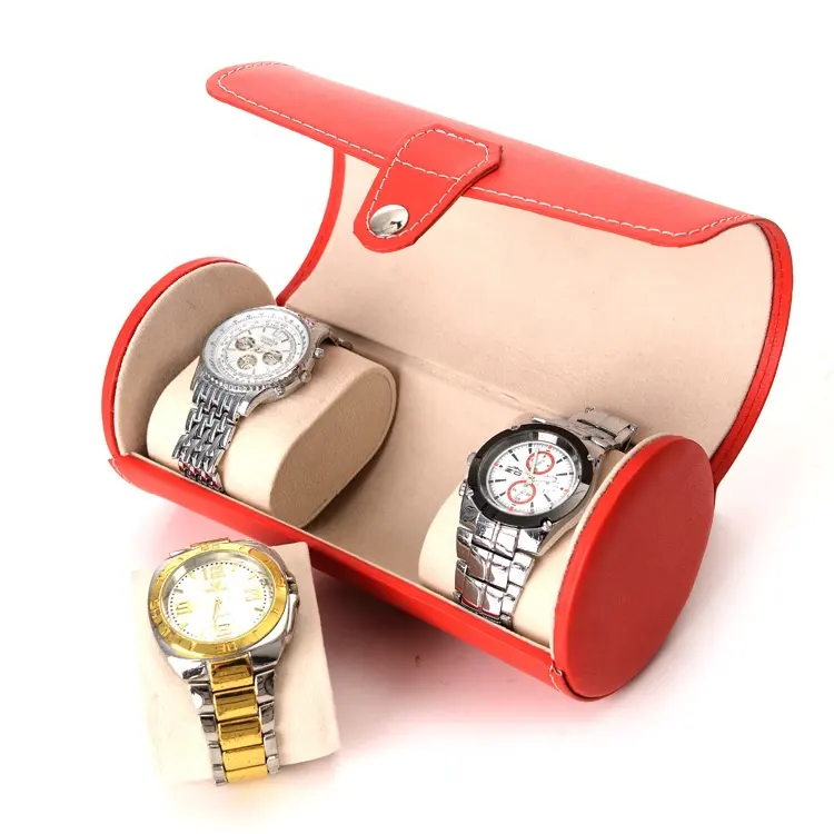 large box luxury watch man watch box 3slot metal button PU cylinder watch box
