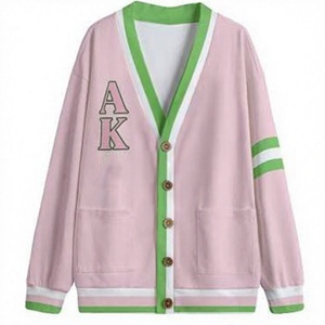 Cardigan en tricot acrylique pour femme, rose, vert et blanc, avec logo AKA et lettres grecques, col en V, manches longues - Product Image 1