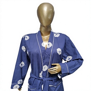 Bata Kimono de Algodón 100% para Mujer, Azul a Rayas, Tie Dye, Manga Larga, Largo Completo, Ropa de Dormir Informal para Primavera/Verano - Product Image 1
