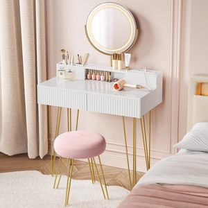 Table de maquillage moderne SENYU avec miroir éclairé et tabouret, blanche avec pieds dorés, bureau de coiffeuse pour chambre à coucher avec tiroirs de rangement - Product Image 1