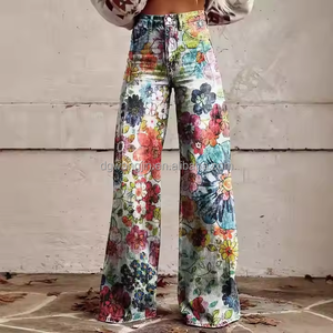 <span class=keywords><strong>Jeans</strong></span> en denim déchirés et peints taille haute coupe bootcut avec ceinture pour femme, pantalon ample amincissant à graffiti personnalisé, vente en gros - Product Image 2