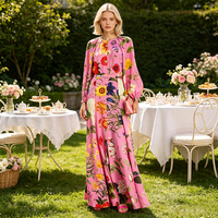 Robe longue élégante rose à motifs floraux, col rond, manches longues bouffantes et ceinture assortie, coupe trapèze, décontractée et habillée pour femme