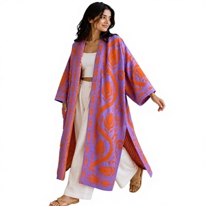 Style De Maison Suzani Longue veste kaftan pour femme, brodée à la main, imprimé floral vintage, tricot en mélange de coton, manches chauve-souris, ceinture - Product Image 1