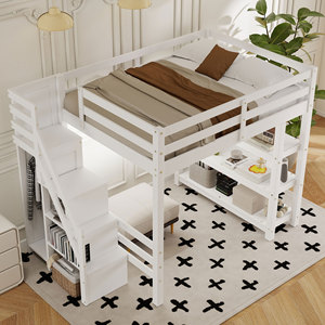Cama alta blanca para niños con escaleras de almacenamiento y estante lateral para dormitorio - Product Image 3