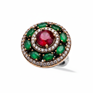 Ottoman Design Round Shape Design <b>Emerald</b> with Ruby Stone Authentic <b>Rings</b> 925 Sterling <b>Silver</b> Jewelry <b>Ring</b> - Product Image 2