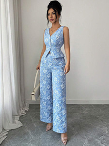 Completo Due Pezzi da Donna: Gilet Jacquard Azzurro con Cintura e <span class=keywords><strong>Pantaloni</strong></span> <span class=keywords><strong>Eleganti</strong></span> a Gamba Larga - Product Image 2