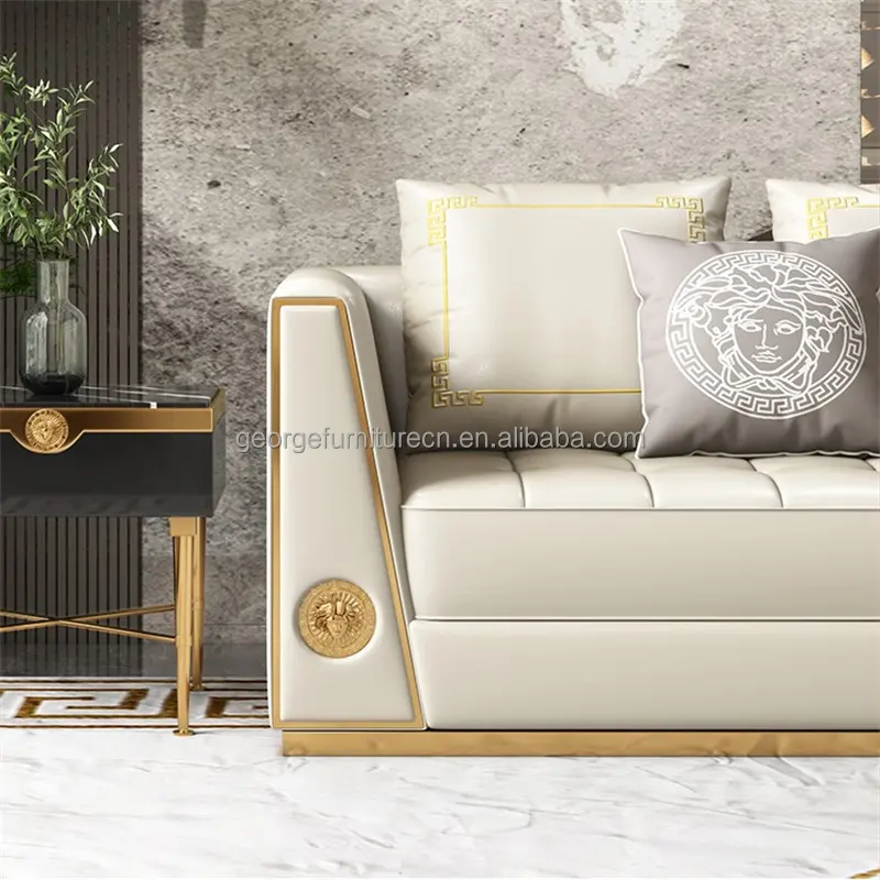 Sofa Kulit Bulu Italia Mewah Set Furnitur Ruang Tamu Sofa Bersekat Kulit Sintetis Modern Santai