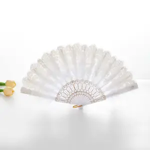 Hot Sale Fashion Foldable Lace Satin Feather PU Hot Stamping Plastic Bone Handfan Nice Sex Lace Hand Fan For Wedding Custom Fan