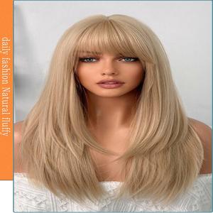 Vente en gros 23 pouces Qi Liu Hai cheveux raides perruque superposée blonde haute chaleur cheveux synthétiques dentelle avant perruques pour les femmes - Product Image 6