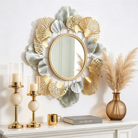 Miroir mural moderne de luxe en métal en forme de feuille de Ginkgo - Or et argent bicolore, miroir décoratif 3D effet soleil pour hôtel et salon