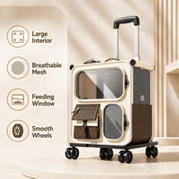 Sac de transport pour animaux à roulettes 4 roues en cuir de vachette et tissu Oxford avec grande fenêtre de visualisation, poignée télescopique, lavable, portable pour chat et animaux de compagnie