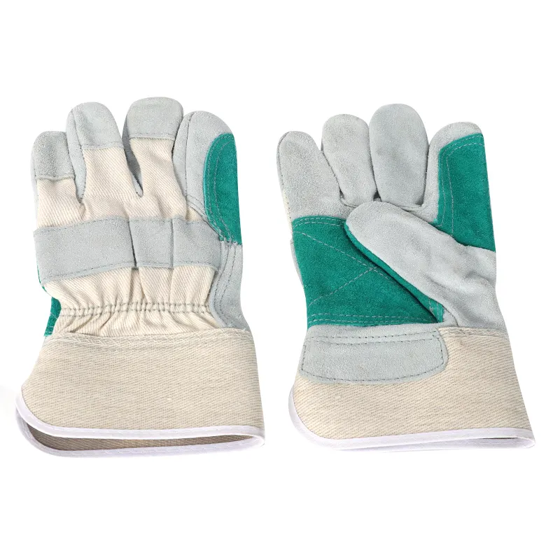 Blue white green Cowhide leather working gloves with reinforcement on palm for Mine site