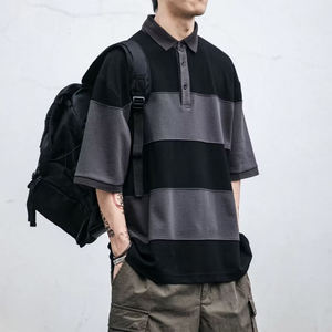 Camisa a Rayas con Bloques de Color para Hombre, Manga Corta, Tejida, Informal, Diseño con Patrón Negro y Gris - Product Image 3
