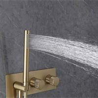 Huagao JK0246 Ensemble de robinetterie de douche électrique carrée de luxe moderne pour salle de bain, garantie 5 ans, double poignée, finition or brossé, douche pluie encastrée