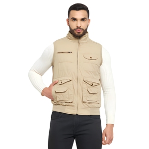 Chaleco sin mangas beige para hombre con múltiples bolsillos, cuello alto, cierre de cremallera, ropa exterior informal para otoño - Product Image 1