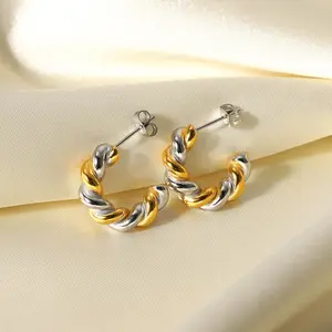 中国制造商银C形链双色环耳环18k镀金不锈钢耳环，适合女性/女孩