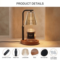 Lampe chauffe-cire sans fumée ni flamme, réglable en hauteur, avec bras en métal noir et verre côtelé, base incurvée en bois de noyer antidérapante