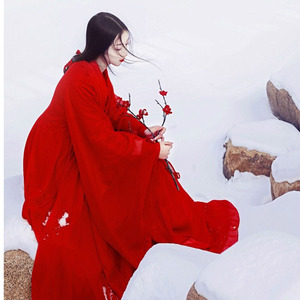 Vestido Hanfu Estilo Wei Jin para Mujer, Color Rojo, Manga Larga, Color Sólido, Traje Tradicional Chino para Boda, Tela de Viscosa - Product Image 2
