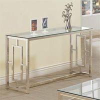 Table console moderne pour canapé avec plateau en verre transparent et motif géométrique nickelé