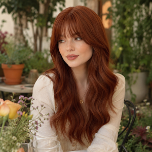 Perruque synthétique longue ondulée auburn gingembre pour femme, avec <span class=keywords><strong>frange</strong></span> aérienne, résistante à la chaleur, ligne de cheveux naturelle, sans colle – Fournisseur d'usine - Product Image 5
