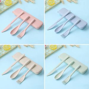 Vaisselle de camping écologique en paille de blé, ensemble d'ustensiles de voyage avec étui - Product Image 2