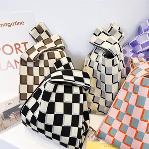 New Japan Designer Checked Plaid Knitted Hand Bag for women Shopping Unique Bag Smiling Face Tote Handbag