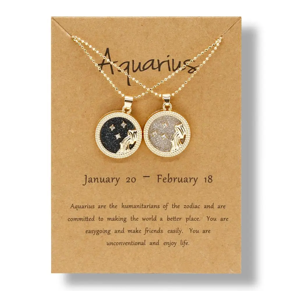 Fashion Day and Night 12 Zodiac Necklace Wish Card Jewelry Round Horoscope Astrology Pendant Zodiac Sign Necklace for Gifts