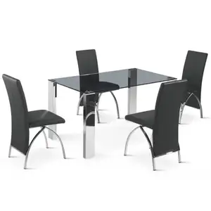 Modern Outlook And Contemporary Style Black High Gloss Glitter Glass Top Metal Frame Legs Dining Table