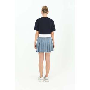 T-shirt à manches courtes en popeline pour femme, bleu marine, écru, imprimé cœur, décontracté, printemps-été, respirant - Product Image 3