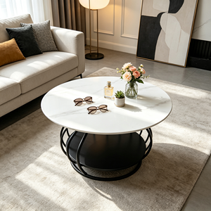 Table basse ronde moderne à 2 niveaux, plateau en pierre frittée veinée blanche, cadre en métal courbé noir, table centrale pour canapé de salon - Product Image 5