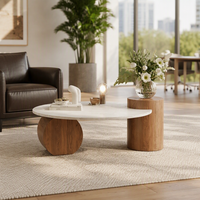 Table basse en bois massif avec accent marbre, design bas, pour salon, petit appartement, décoration de maison d'hôtes