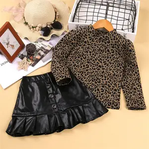 秋季春季女童服装套装婴儿衣服长袖女童套装豹纹印花上衣配黑色短裙2件套