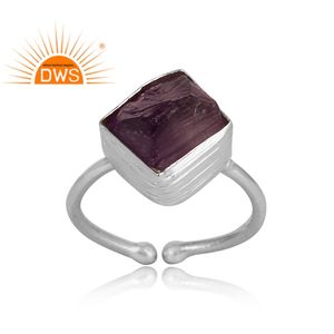 Rough Amethyst Gemstone Ring White Rhodium Plated Solid Sterling Silver Adjustable Ring Jewelry Manufacturer - Product Image 2