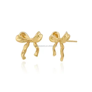 Classic S925 Sterling Silver earrings with 14k gold finished for Women Cute Ribbon Studs for Anniversary Gift