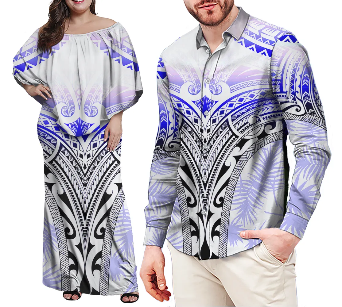 カップルのための豪華なデザインのポリネシアのナイトドレス女性のイブニングドレスサモアプリントマッチ男性特大シャツ秋のファッションプラスサイズ